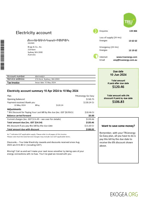 Modèle de facture de services publics d'électricité d'Australie Tru Energy au format Word et PDF